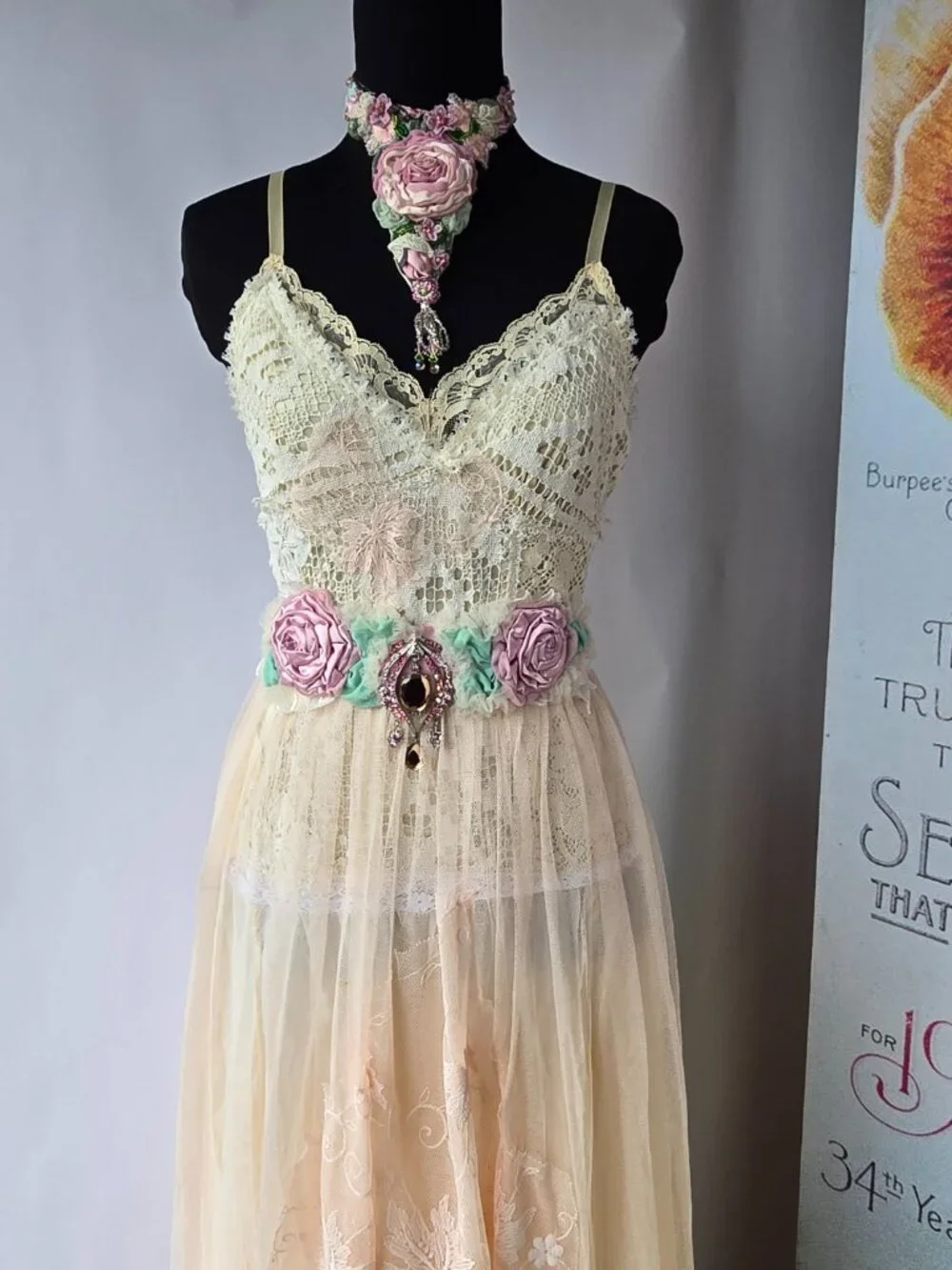 Handmade Light Pink Satin Rose and Crystal Sash Romantic Fairycore